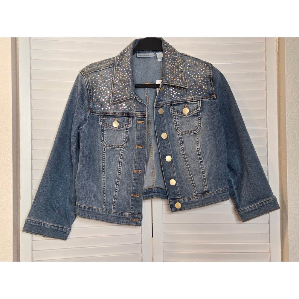 Chico's Platinum Denim Dazzle Jacket 1 M Morning Mist Rhinestone Embellished
